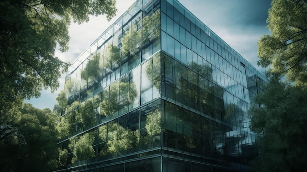 Modern ecological construction with large windows trees greenery in the metropolis Al generated