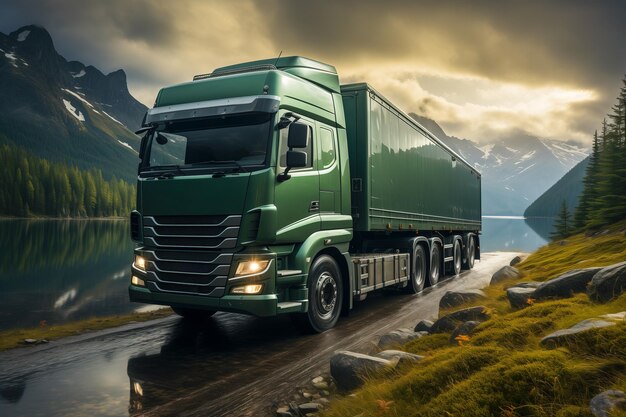 A modern ecological green truck transports on a mountain road