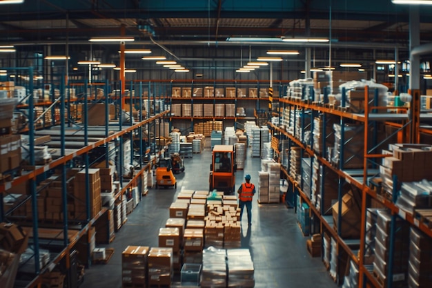 Modern ecommerce warehouse with shelves stacked with products ready for shipping Workers moving pr