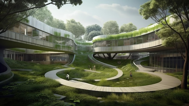 Modern education office building with green eco concept AI generated