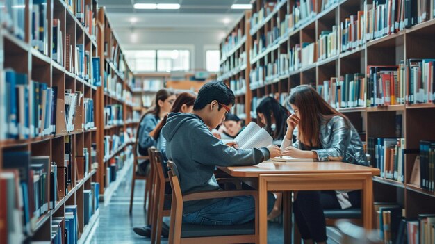 Modern Education Scene in Library with Students Reading