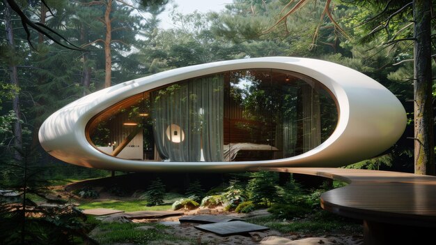 Photo a modern eggshaped house nestled in a forest blending seamlessly with the natural surroundings through its organic architecture