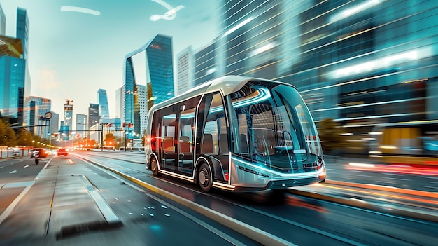 Modern Electric Bus Driving Through City at Dusk