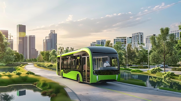 Modern Electric Bus Traveling Through City Park at Sunset