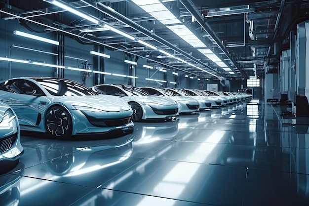 A modern electric car manufacturing plant utilizes advanced technologies robotics and automation to produce ecofriendly vehicles Generative AI