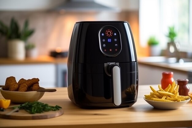 Modern electric coffee machine and french fries in the kitchen at home