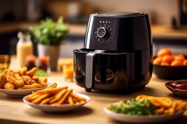 Modern electric coffee machine and french fries in the kitchen at home