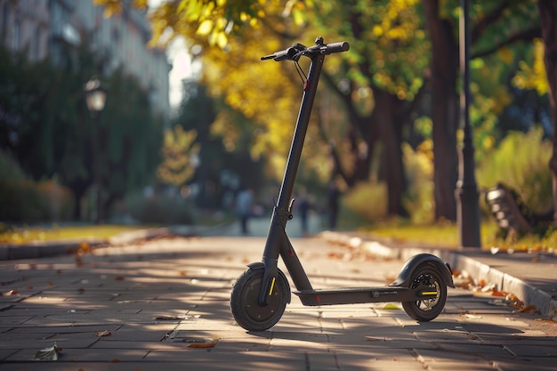 Modern electric scooter parked on a cobblestone sidewalk in autumn