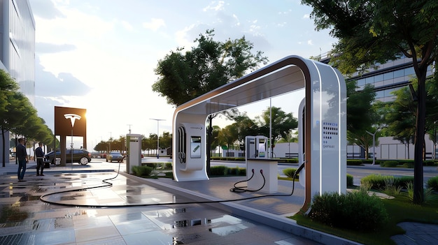 Photo modern electric vehicle charging station in urban setting