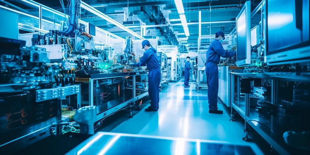 A modern electronics manufacturing plant with cleanrooms precision equipment and technicians assembling intricate electronic devices