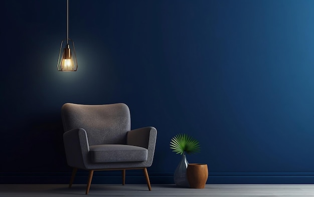 Modern Elegance Chair and Lamp in Dark Blue Living Room Generative AI