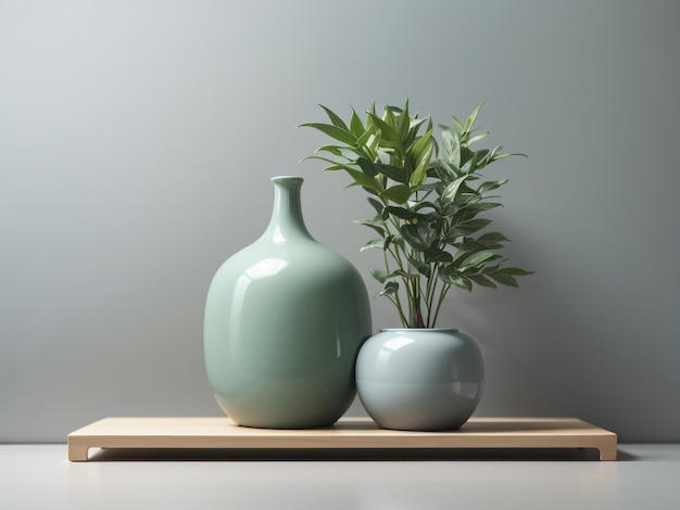 Modern Elegance Green Plant in Vase Adorning Stylish Shelf Against Grey Background