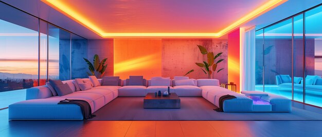 Modern Elegance NeonLit Living Room with Minimalist Decor and Ambient Lighting