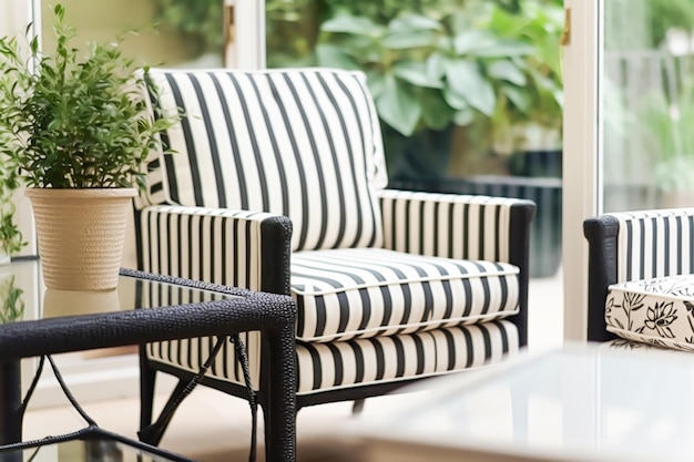 Modern elegant garden furniture with striped pattern in the conservatory in the countryside house