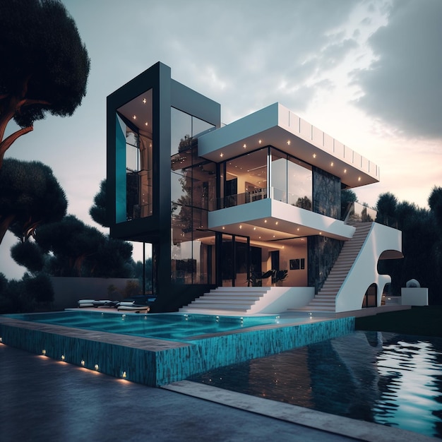 modern and elegant tropical house with swimming pool luxury villa generative ai