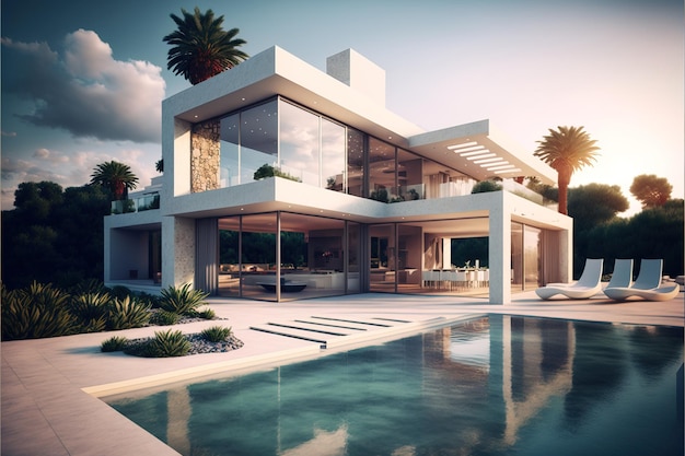 modern and elegant tropical house with swimming pool luxury villa generative ai