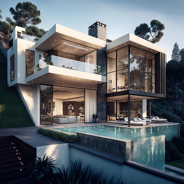 modern and elegant tropical house with swimming pool luxury villa generative ai