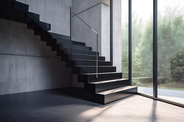 Modern elegant U shape black cement stone stair landing staircase with window tempered glass