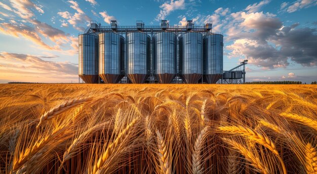 Photo modern elevator for storing grain against the background of a golden wheat field