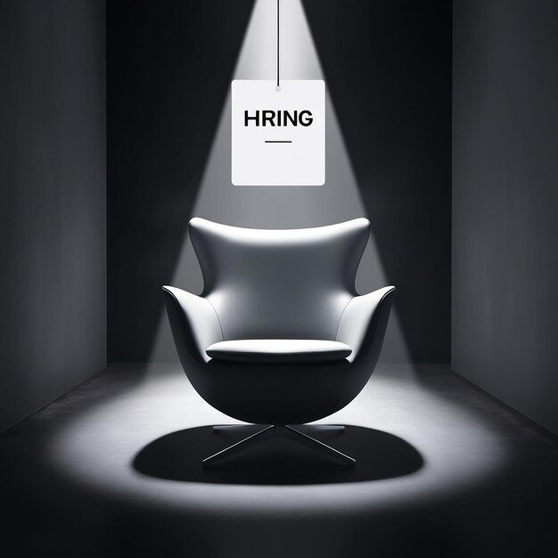 Photo a modern empty chair centered in a dark atmospheric room with a bold white hiring tag