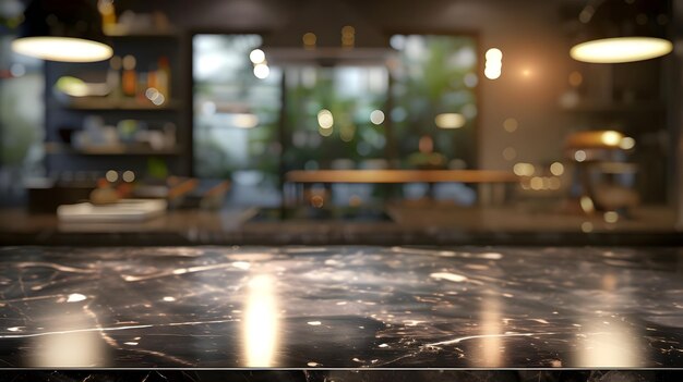 Photo modern empty dark marble table top or kitchen island on blurry bokeh kitchen room interior