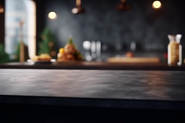 Modern empty dark marble tabletop on blurred kitchen background