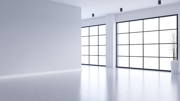 Modern empty living room interior , white wall and concrete floor with black frame window