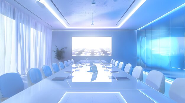 Modern Empty Meeting Room with Big Conference Table with Various Documents and Lapto Generative AI