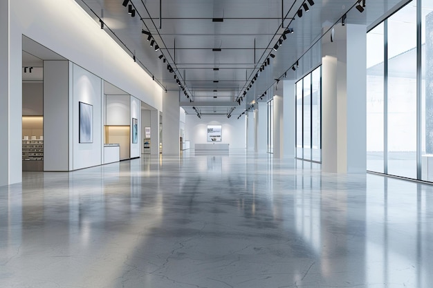 Modern empty retail space with polished concrete floors large display windows