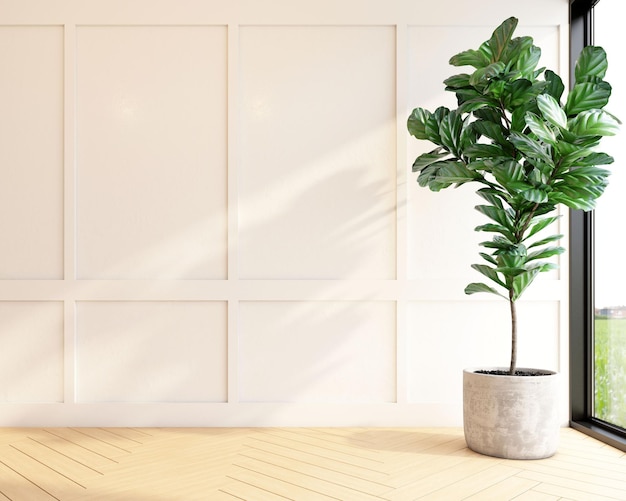 Modern empty room with wood pattern wall and indoor green plants 3d rendering