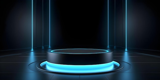 Photo modern empty studio featuring a neon blue 3d podium and dark pedestal concept empty 3d podium neon blue lights stylish studio dark pedestal