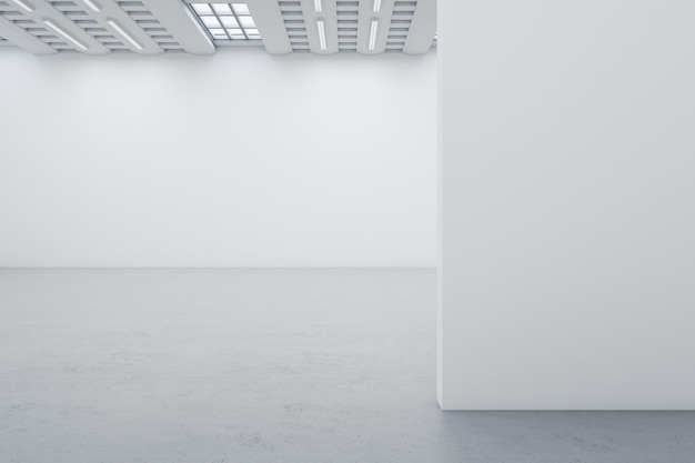 Modern empty white concrete gallery interior with mock up banner on wall Art no people museum and exhibition concept 3D Rendering