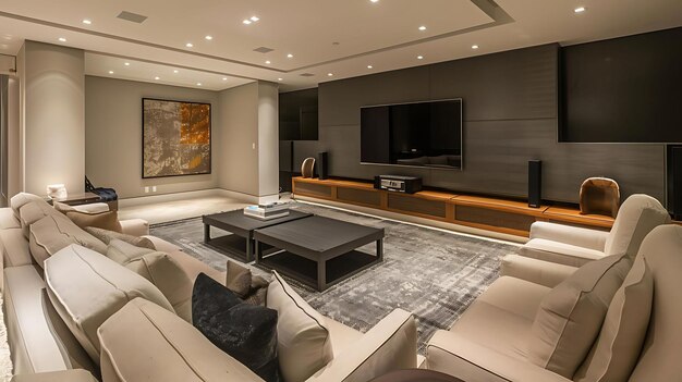 modern entertainment room with clean lines and neutral palette featuring white chairs a black tele