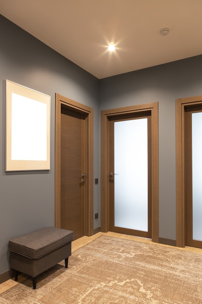 Modern entrance hallway in neutral shades of brown and gray tones.