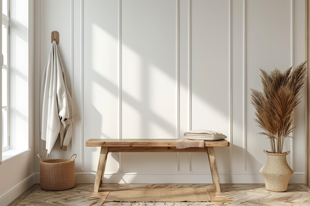 Modern Entryway with Clean Console Table and Wall Hooks A minimalist entryway mockup with a clean console table and wall hooks for coats