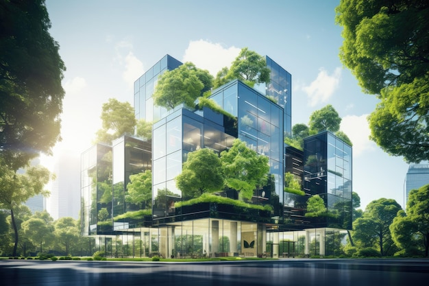 Modern environmentally friendly building Sustainable glass office with wood to reduce carbon footprint Office surrounded by greenery Corporate buildings reduce CO2 emissions ai generative