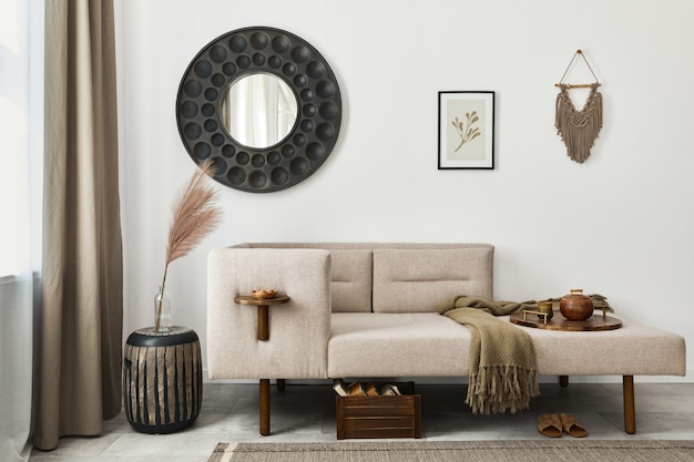 Modern ethnic living room interior with design chaise lounge, round mirror, furniture, carpet, decoration, stool and elegant personal accessories. Template. Stylish home decor.