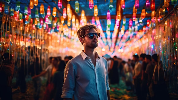 Modern european man holding camera thailand during a party