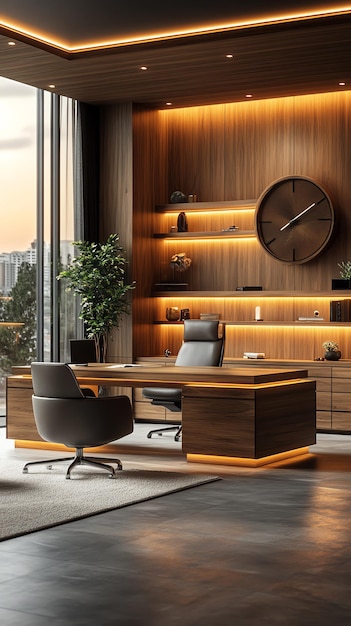 Modern executive office with elegant wood furnishing contemporary decor large window view illuminate