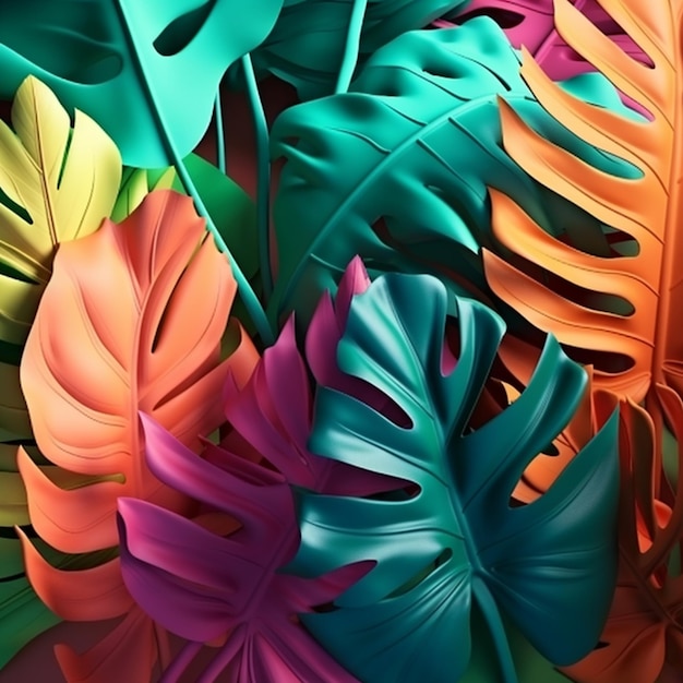 Modern exotic floral jungle closeup nature view of colorful leaf and palms background