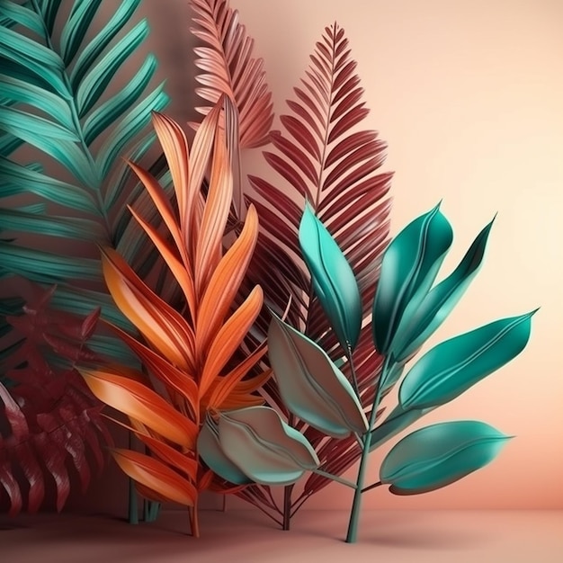 Modern exotic floral jungle closeup nature view of colorful leaf and palms background