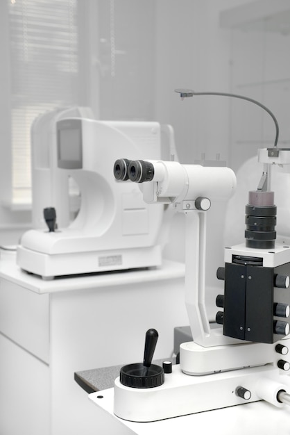 Modern eye room in the clinic, equipment for the detection of diseases and treatment of vision.