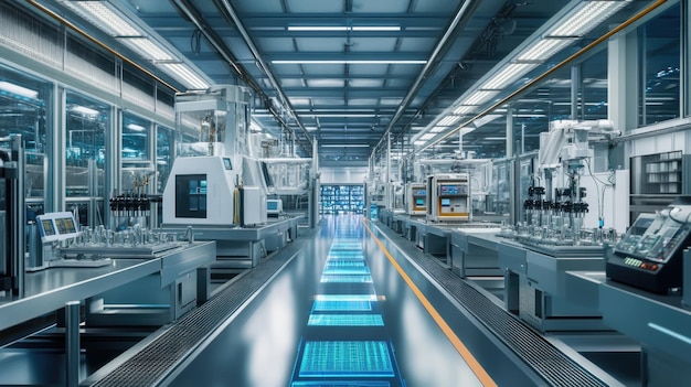 Photo modern factory interior with automated machinery and a glowing blue floor