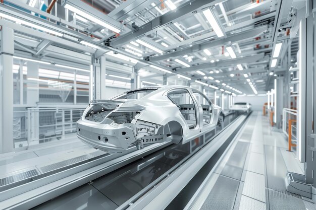 Modern factory production line for assembling passenger cars on bright white background