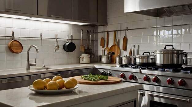 Modern family kitchen with stove and cookware