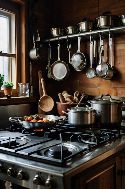 Modern family kitchen with stove and cookware