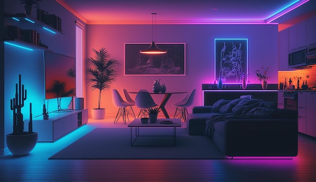 Modern fantastic home neon illustration living room interior design AI Generated image