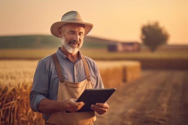 A modern farmer using a digital tablet to review harvest and crop performance