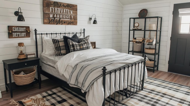 Modern Farmhouse Bedroom with Black Metal Bed Frame