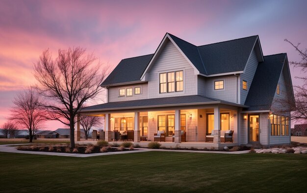 Modern Farmhouse Charm Exterior at Dusk with Pink and Blue Skyquot Ai